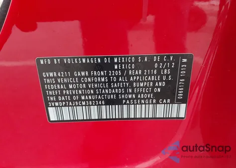 2012 Volkswagen Jetta 2.5L Se from USA, damaged, VIN 3VWDP7AJ9CM382346